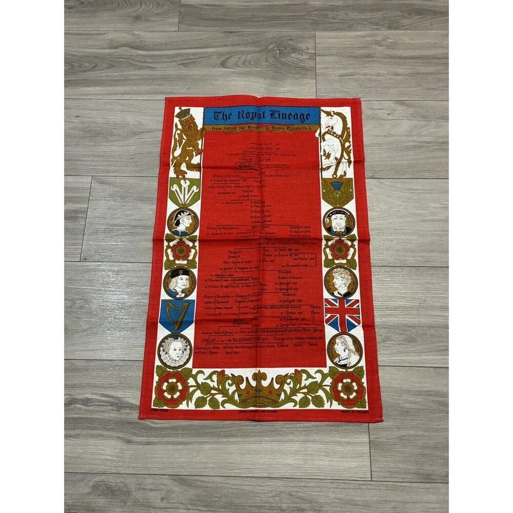 Vintage Irish Linen Tea Towel The Royal Lineage Towel Red White Blue